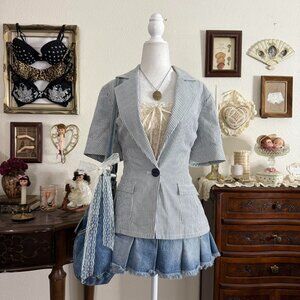 y2k preppy girly grunge blue and white striped short sleeve jacket